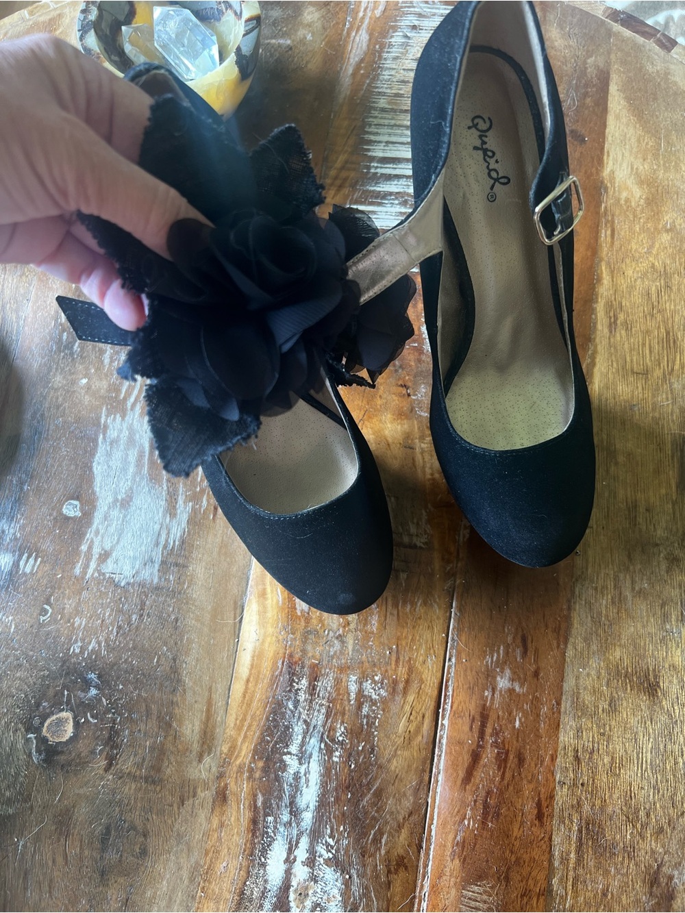 Qupid Black Floral Accent Platform Mary Jane Heels - Picture 13 of 14